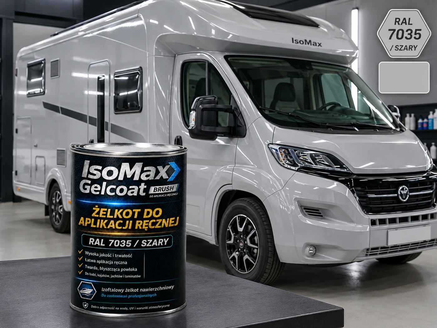 Żelkot IsoMax RAL 7035 przy szarym kamperze